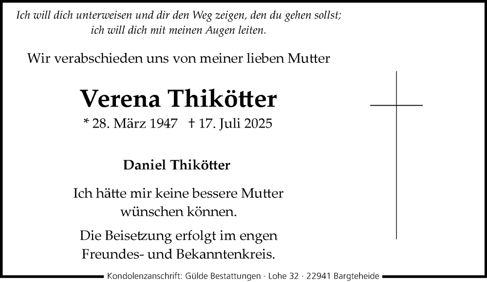  Traueranzeige für Verena Thikötter vom 26.07.2025 aus MARKT Ahrensburg/Bargteheide/Trittau und Stormarner Tageblatt