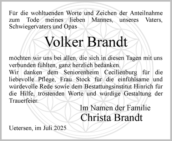 Traueranzeige von Volker Brandt von Uetersener Nachrichten, Der tip am Wochenende