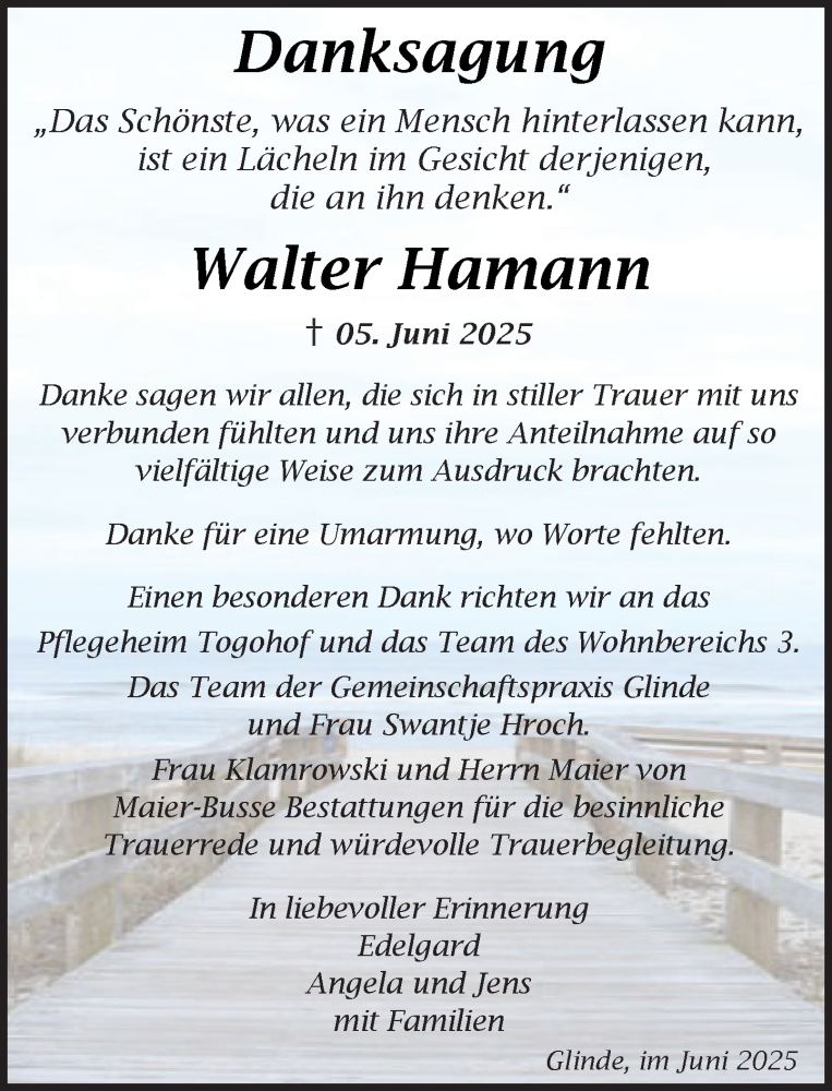  Traueranzeige für Walter Hamann vom 12.07.2025 aus MARKT Glinde/Reinbek