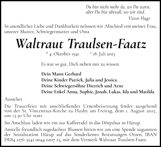 Traueranzeige von Waltraut Traulsen-Faatz von Flensburger Tageblatt
