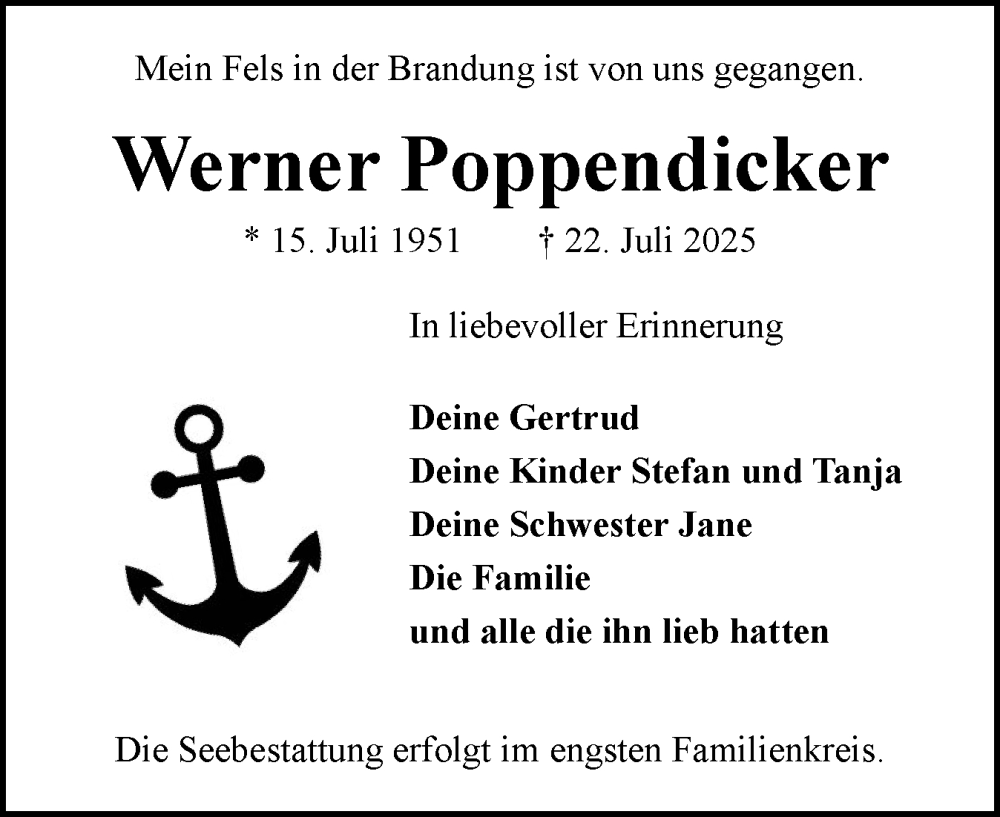  Traueranzeige für Werner Poppendicker vom 26.07.2025 aus Flensburger Tageblatt