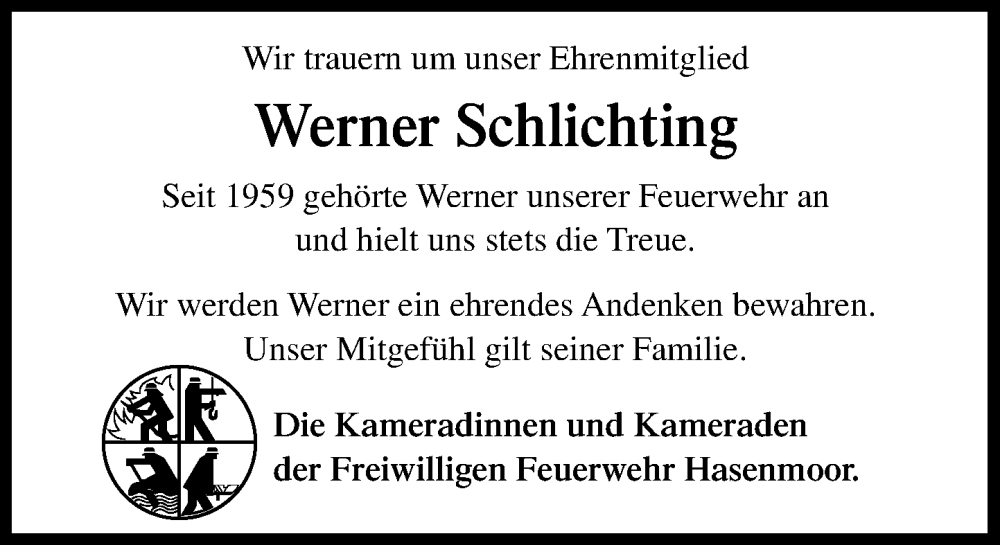  Traueranzeige für Werner Schlichting vom 19.07.2025 aus Umschau