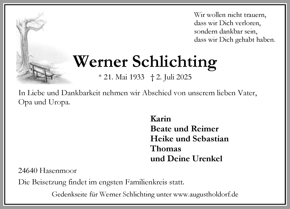  Traueranzeige für Werner Schlichting vom 12.07.2025 aus Umschau