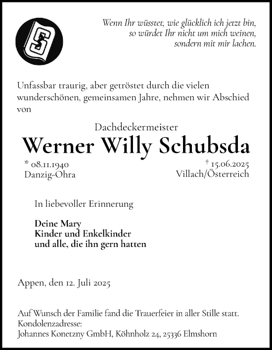 Traueranzeige von Werner Willy Schubsda von Elmshorner Nachrichten, Barmstedter Zeitung