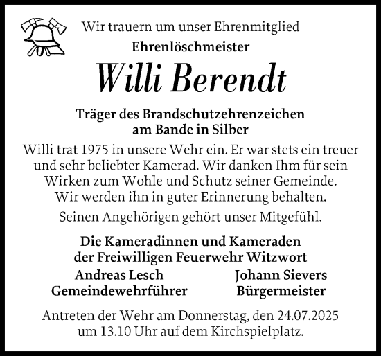 Traueranzeige von Willi Berendt von Husumer Nachrichten, Nordfriesland Tageblatt
