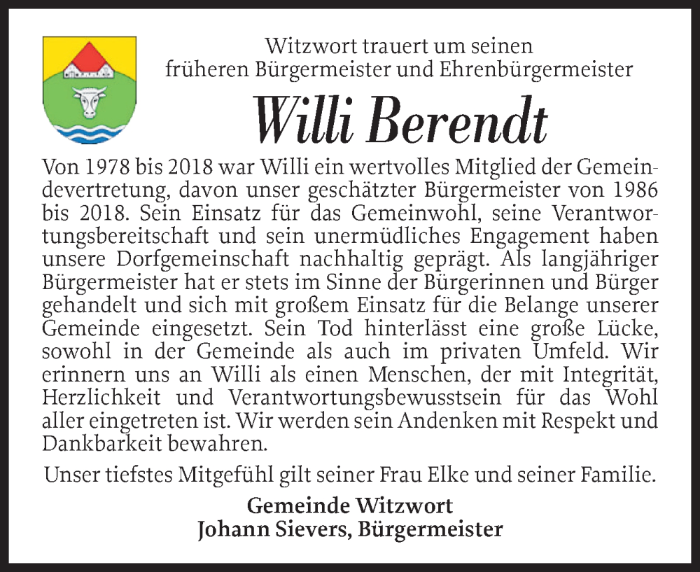  Traueranzeige für Willi Berendt vom 21.07.2025 aus Husumer Nachrichten, Nordfriesland Tageblatt