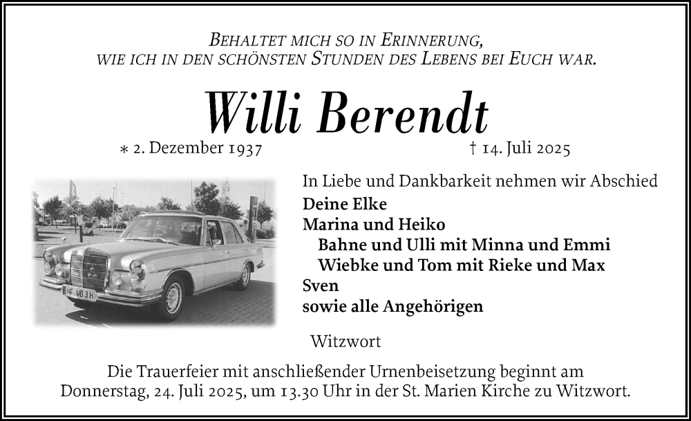  Traueranzeige für Willi Berendt vom 17.07.2025 aus Husumer Nachrichten, Nordfriesland Tageblatt