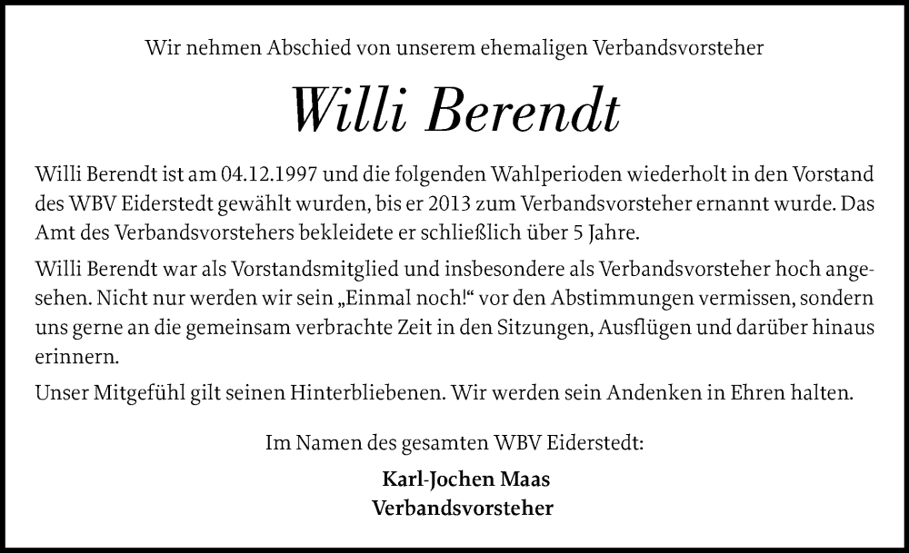  Traueranzeige für Willi Berendt vom 18.07.2025 aus Husumer Nachrichten, Nordfriesland Tageblatt