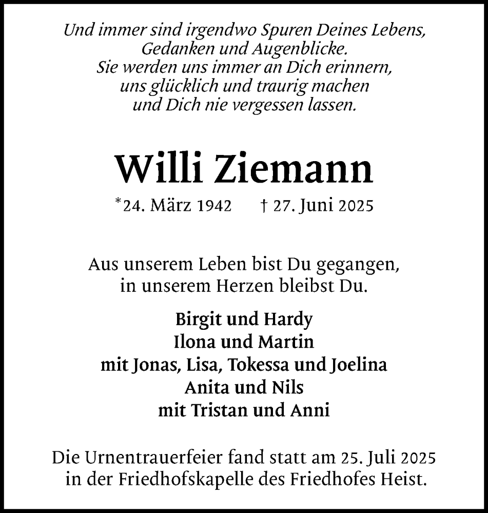  Traueranzeige für Willi Ziemann vom 26.07.2025 aus tip Gesamtausgabe