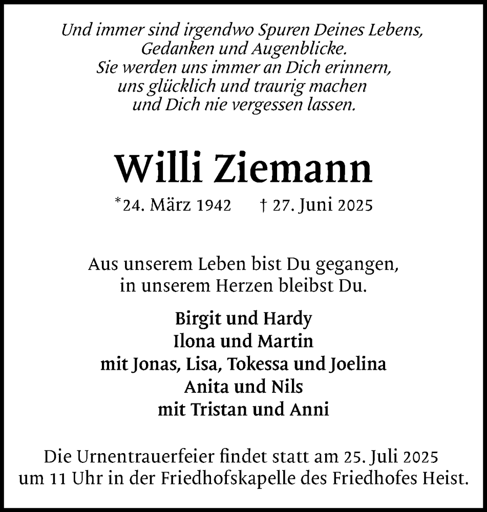  Traueranzeige für Willi Ziemann vom 19.07.2025 aus Uetersener Nachrichten, Der tip am Wochenende