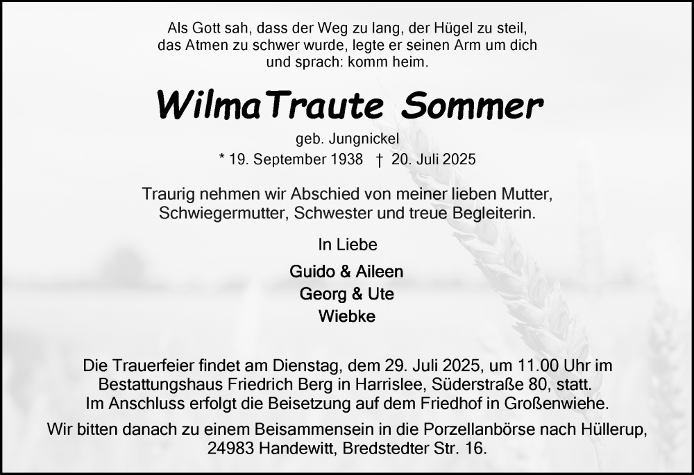  Traueranzeige für Wilma Traute Sommer vom 23.07.2025 aus Flensburger Tageblatt