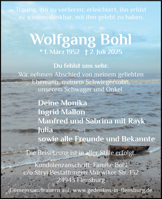 Traueranzeige von Wolfgang Bohl von Flensburger Tageblatt