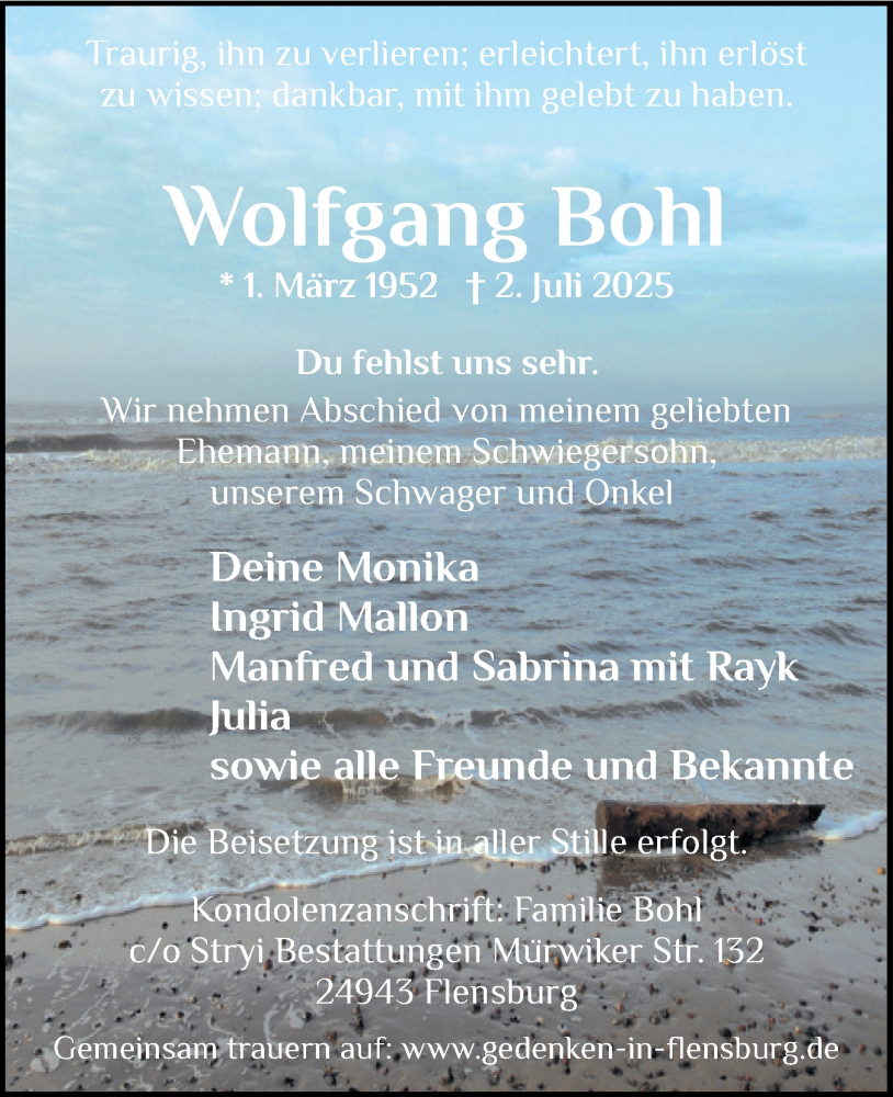  Traueranzeige für Wolfgang Bohl vom 26.07.2025 aus Flensburger Tageblatt