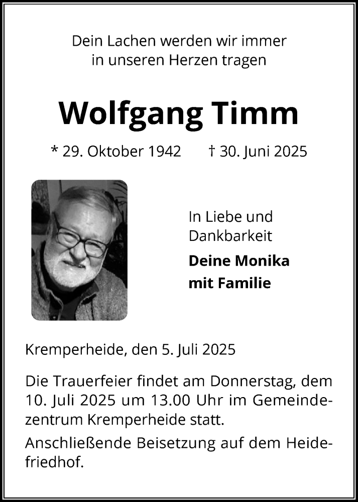  Traueranzeige für Wolfgang Timm vom 05.07.2025 aus Norddeutsche Rundschau, Wilstersche Zeitung, Glückstädter Fortuna
