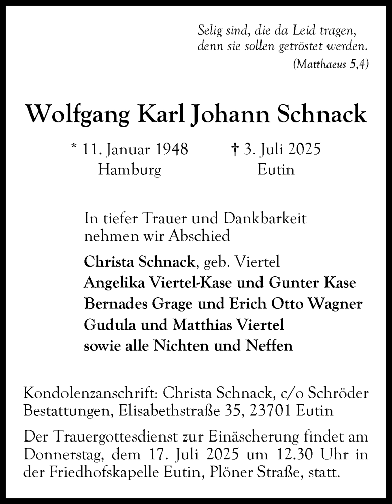  Traueranzeige für Wolfgang Karl Johann Schnack vom 12.07.2025 aus Ostholsteiner Anzeiger