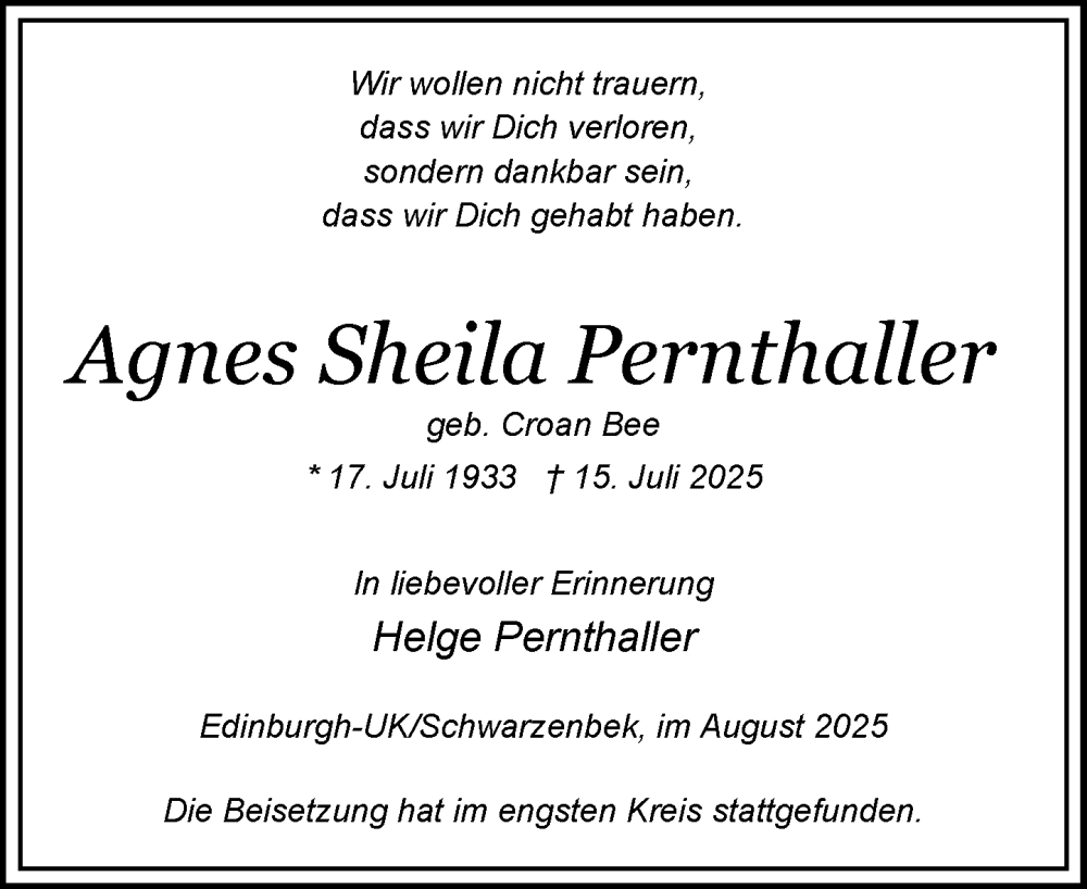  Traueranzeige für Agnes Sheila Pernthaller vom 23.08.2025 aus Wochenend Anzeiger