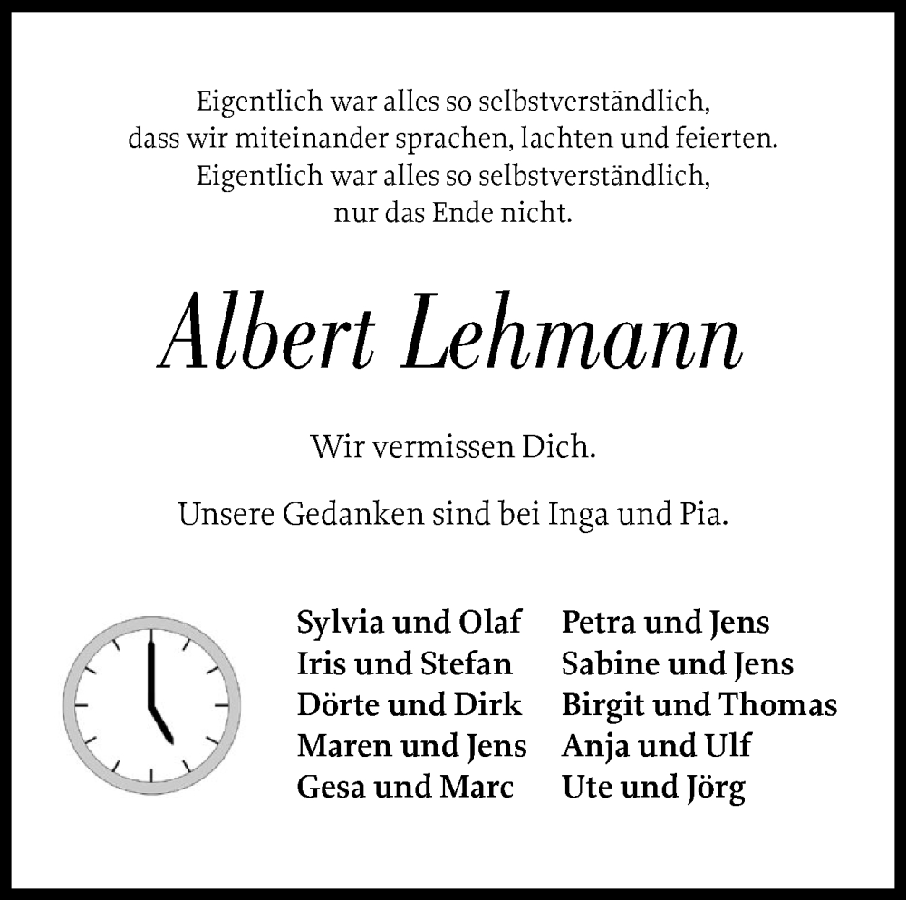  Traueranzeige für Albert Lehmann vom 01.09.2025 aus Schleswig-Holsteinische Landeszeitung