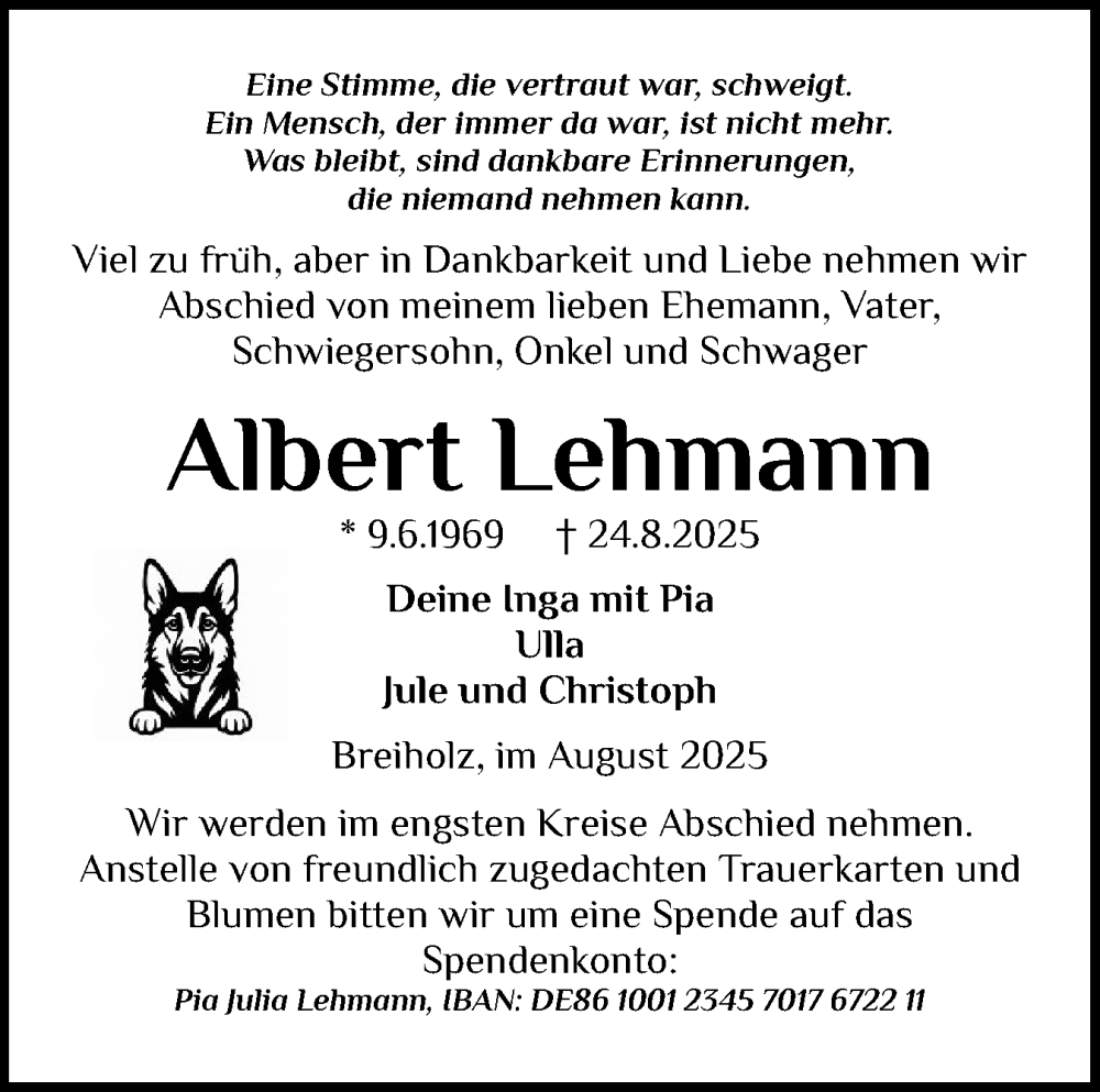  Traueranzeige für Albert Lehmann vom 30.08.2025 aus Schleswig-Holsteinische Landeszeitung