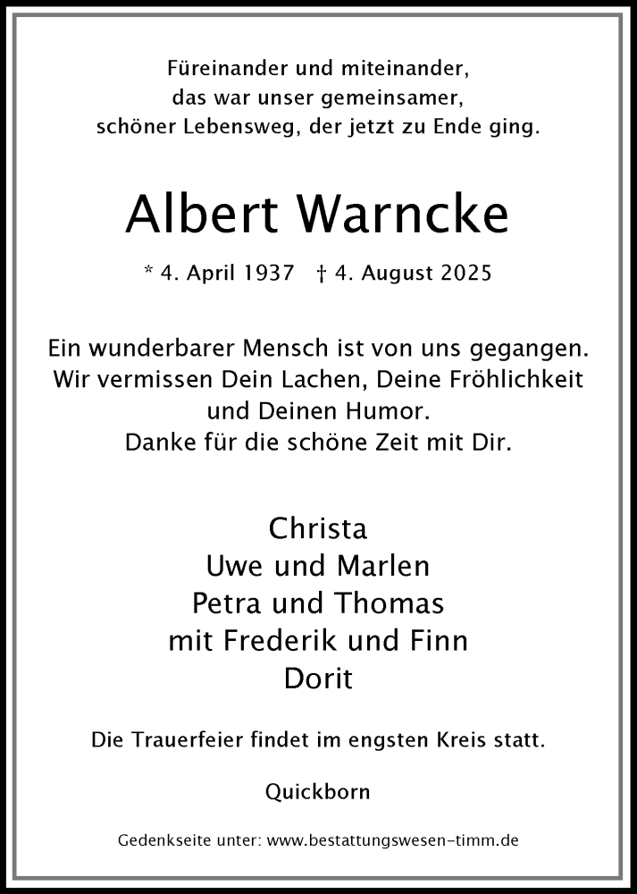  Traueranzeige für Albert Warncke vom 09.08.2025 aus Region Pinneberg und tip Pinneberg