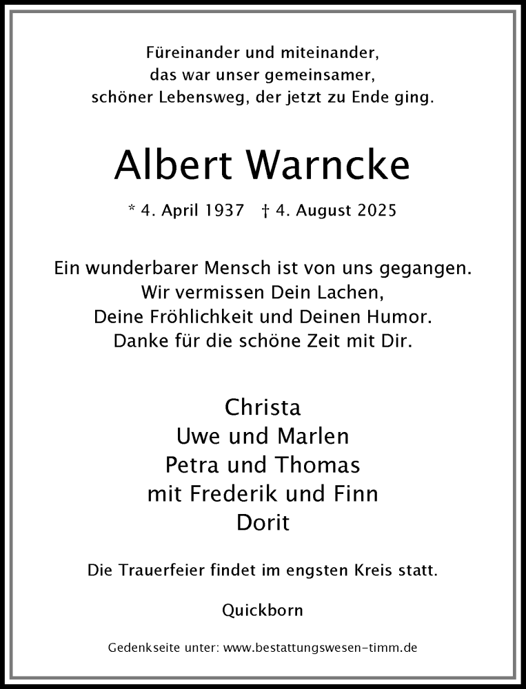  Traueranzeige für Albert Warncke vom 16.08.2025 aus Umschau