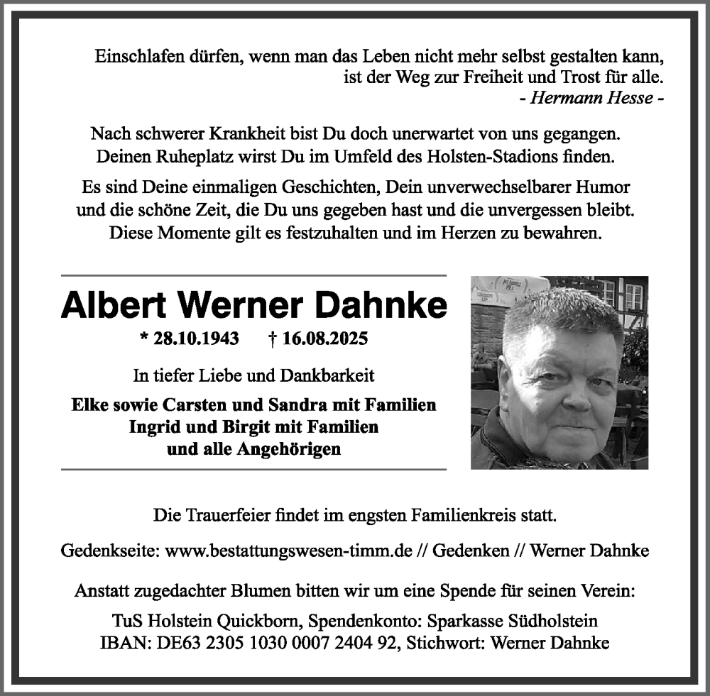  Traueranzeige für Albert Werner Dahnke vom 23.08.2025 aus Umschau