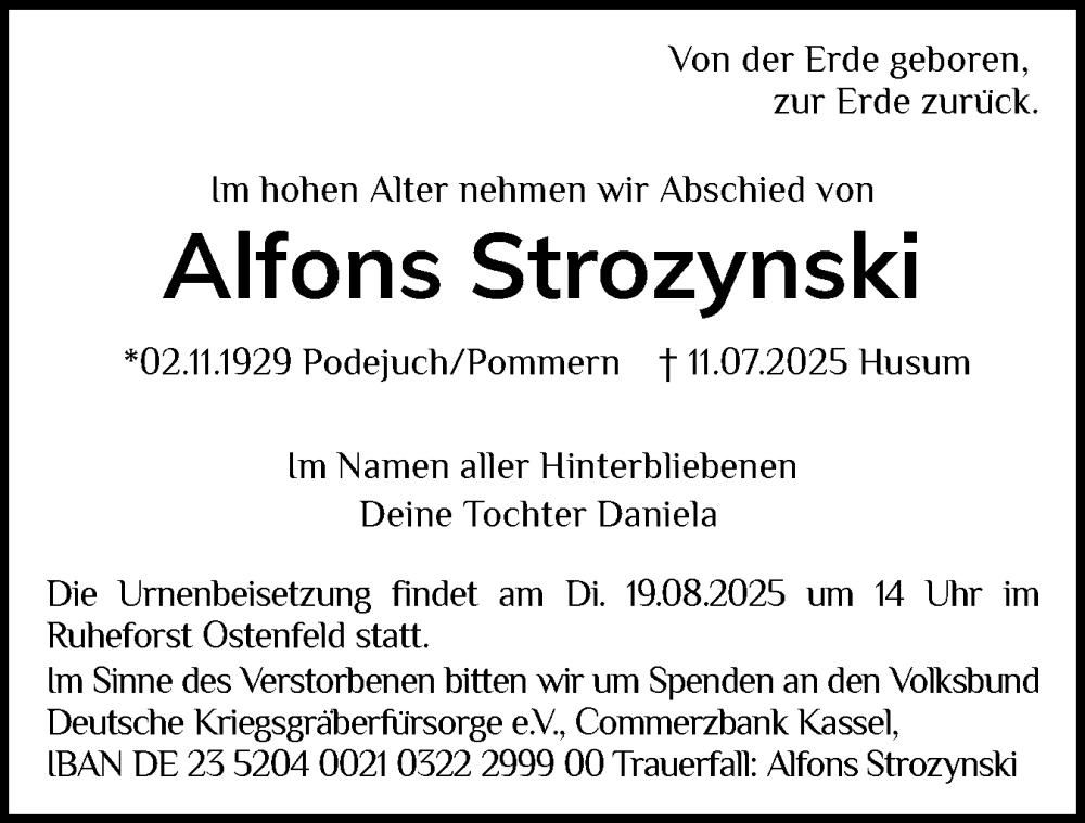  Traueranzeige für Alfons Strozynski vom 16.08.2025 aus Husumer Nachrichten, Nordfriesland Tageblatt