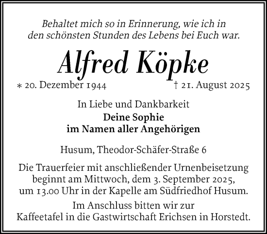 Traueranzeige von Alfred Köpke von Husumer Nachrichten, Nordfriesland Tageblatt