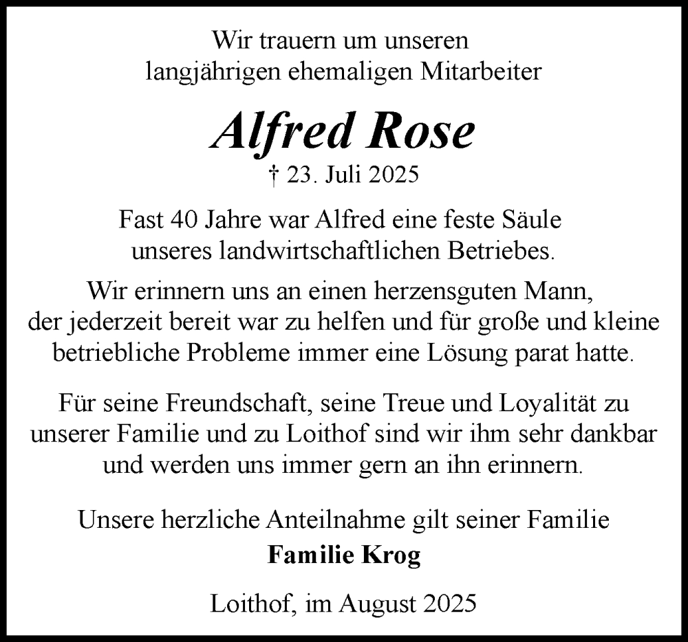  Traueranzeige für Alfred Rose vom 02.08.2025 aus Schleswiger Nachrichten, Schlei-Bote