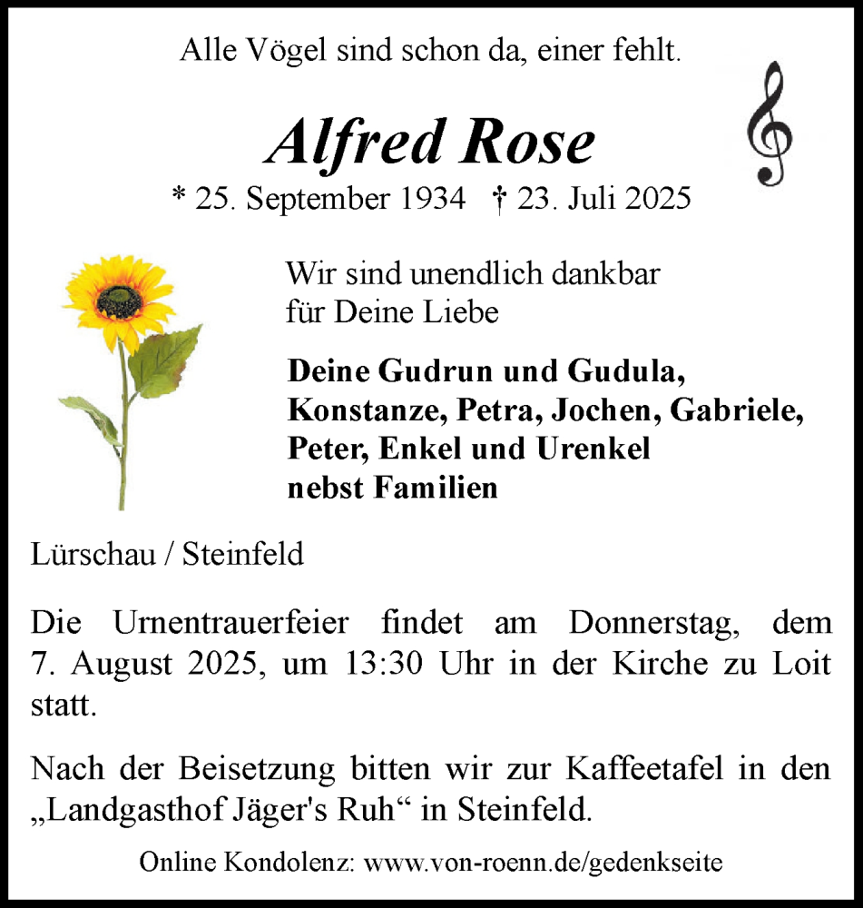  Traueranzeige für Alfred Rose vom 02.08.2025 aus Schleswiger Nachrichten, Schlei-Bote