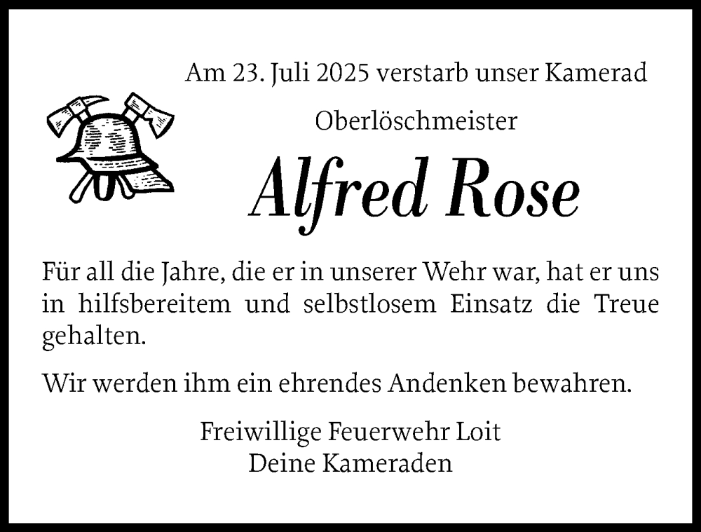  Traueranzeige für Alfred Rose vom 02.08.2025 aus Schleswiger Nachrichten, Schlei-Bote