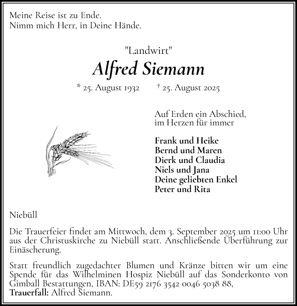  Traueranzeige für Alfred Siemann vom 29.08.2025 aus Husumer Nachrichten, Nordfriesland Tageblatt