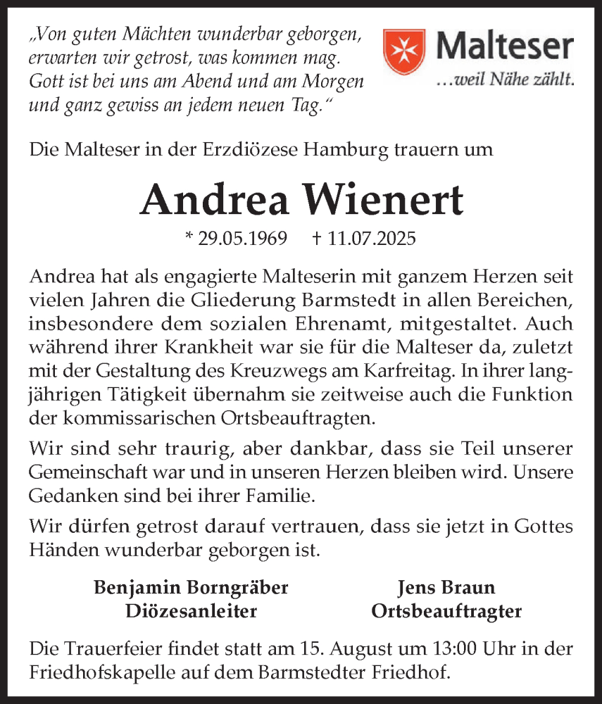  Traueranzeige für Andrea Wienert vom 09.08.2025 aus Elmshorner Nachrichten, Barmstedter Zeitung