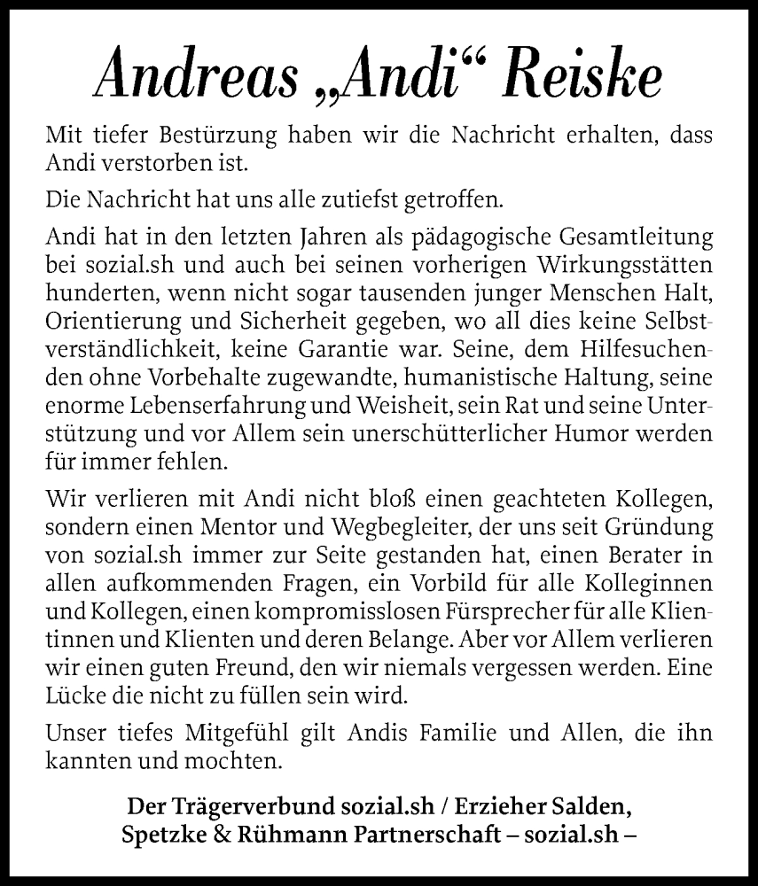  Traueranzeige für Andreas Reiske vom 04.08.2025 aus Schleswiger Nachrichten, Schlei-Bote