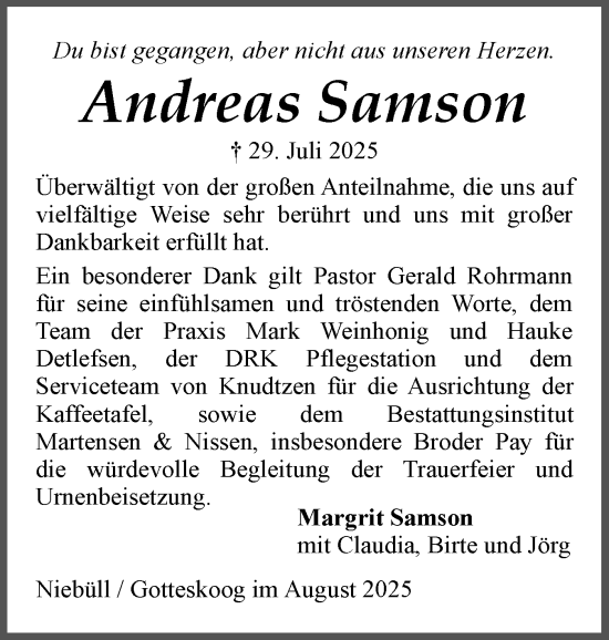 Traueranzeige von Andreas Samson von Husumer Nachrichten, Nordfriesland Tageblatt