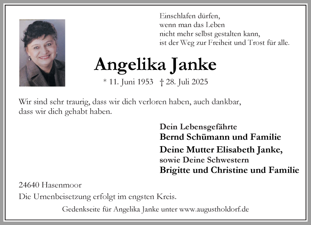  Traueranzeige für Angelika Janke vom 16.08.2025 aus Umschau