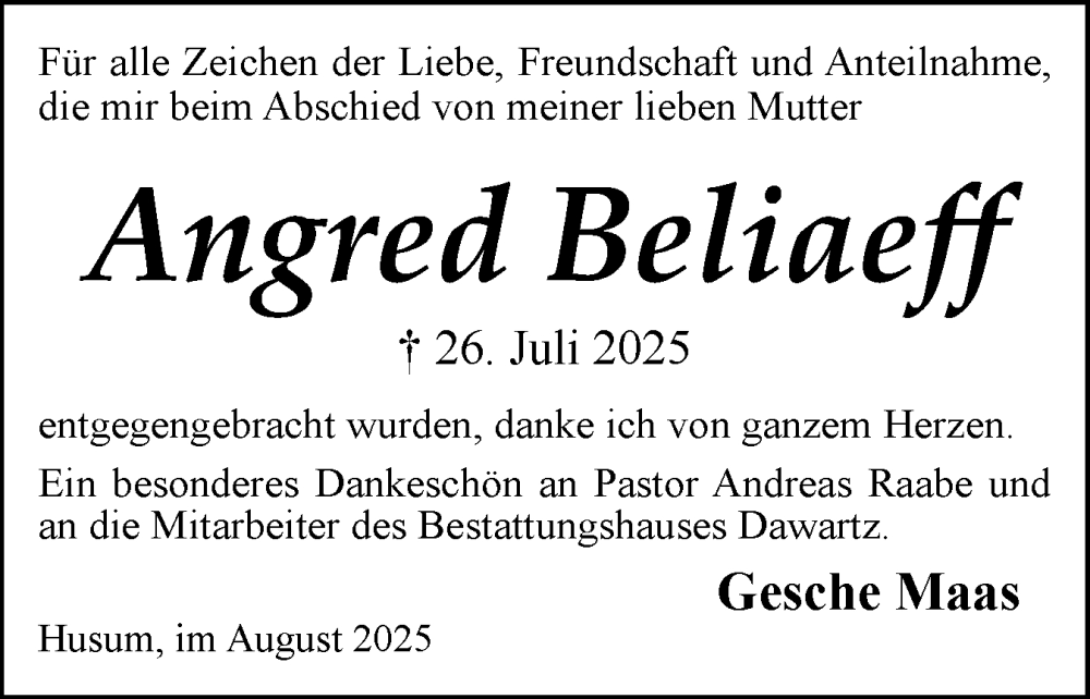  Traueranzeige für Angred Beliaeff vom 16.08.2025 aus Husumer Nachrichten, Nordfriesland Tageblatt