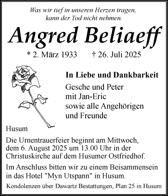 Traueranzeige von Angred Beliaeff von Husumer Nachrichten, Nordfriesland Tageblatt