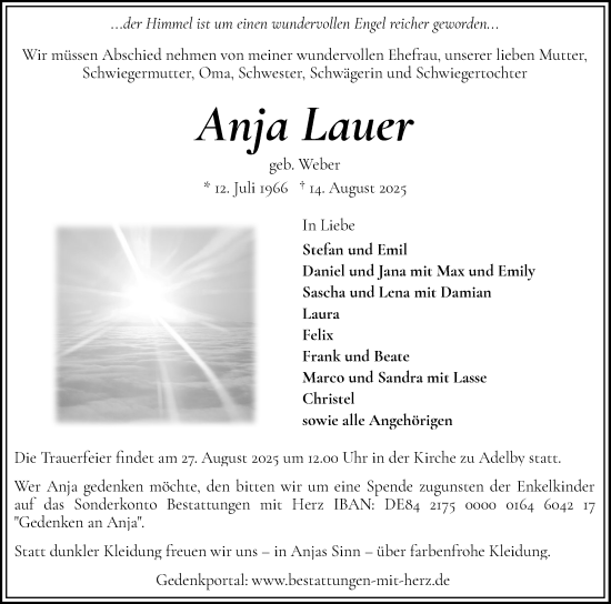 Traueranzeige von Anja Lauer von Flensburger Tageblatt
