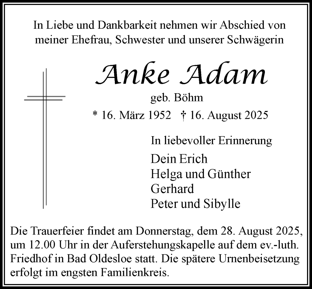  Traueranzeige für Anke Adam vom 23.08.2025 aus MARKT Bad Oldesloe/Reinfeld und Stormarner Tageblatt