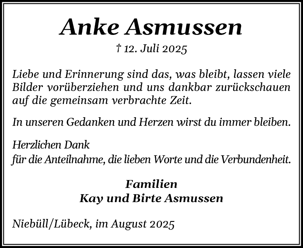  Traueranzeige für Anke Asmussen vom 23.08.2025 aus Husumer Nachrichten, Nordfriesland Tageblatt