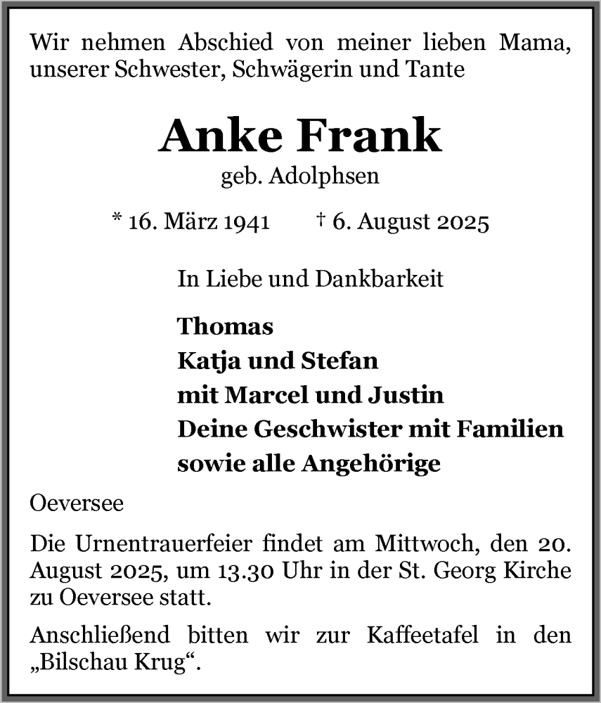  Traueranzeige für Anke Frank vom 13.08.2025 aus Flensburger Tageblatt