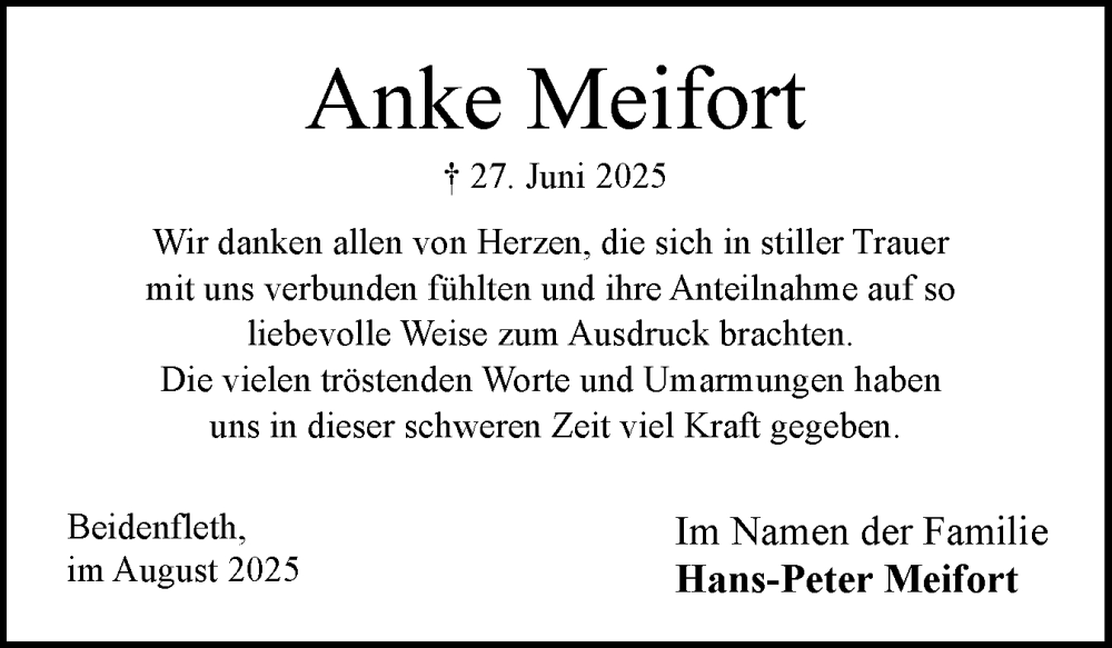  Traueranzeige für Anke Meifort vom 09.08.2025 aus Norddeutsche Rundschau, Wilstersche Zeitung, Glückstädter Fortuna