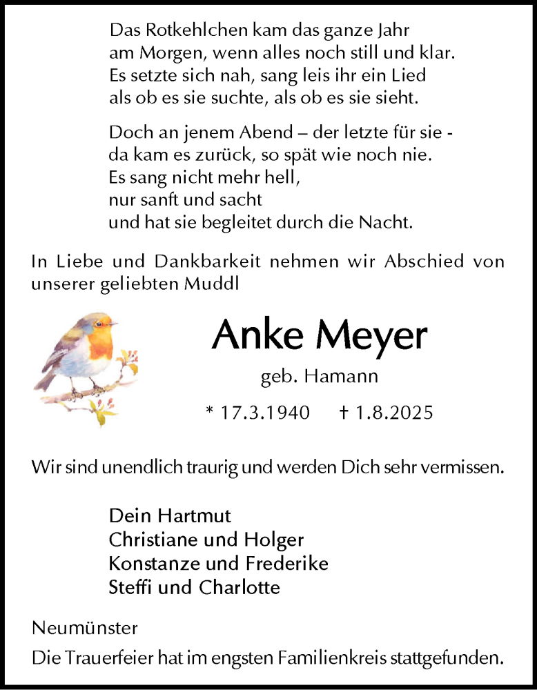  Traueranzeige für Anke Meyer vom 16.08.2025 aus Holsteinischer Courier
