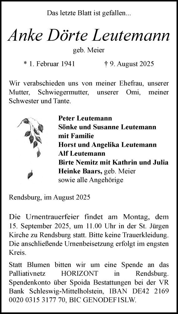  Traueranzeige für Anke Dörte Leutemann vom 23.08.2025 aus Schleswig-Holsteinische Landeszeitung