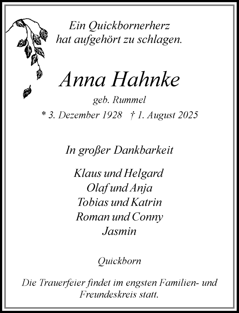  Traueranzeige für Anna Hahnke vom 09.08.2025 aus Umschau