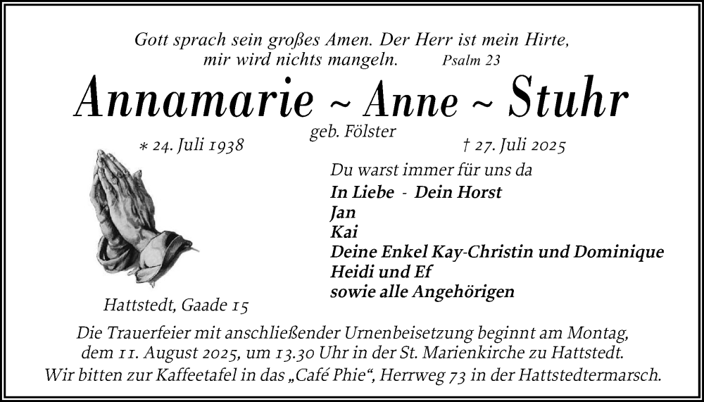  Traueranzeige für Annamarie Stuhr vom 02.08.2025 aus Husumer Nachrichten, Nordfriesland Tageblatt