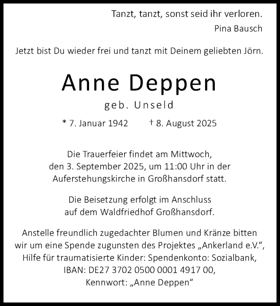 Traueranzeige von Anne Deppen von MARKT Ahrensburg/Bargteheide/Trittau und Stormarner Tageblatt