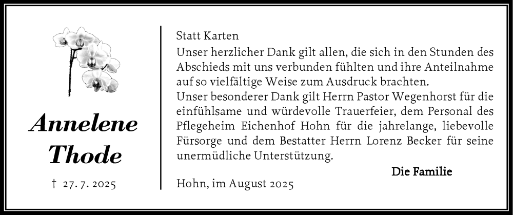  Traueranzeige für Annelene Thode vom 30.08.2025 aus Schleswig-Holsteinische Landeszeitung