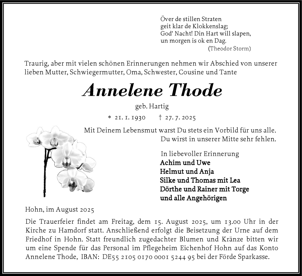  Traueranzeige für Annelene Thode vom 09.08.2025 aus Schleswig-Holsteinische Landeszeitung