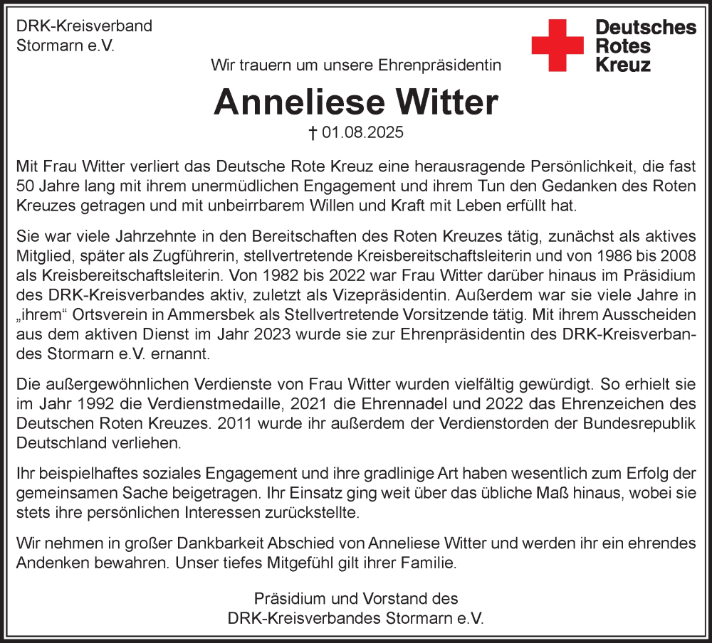  Traueranzeige für Anneliese Witter vom 09.08.2025 aus MARKT Bad Oldesloe/Reinfeld, MARKT Ahrensburg/Bargteheide/Trittau und Stormarner Tageblatt